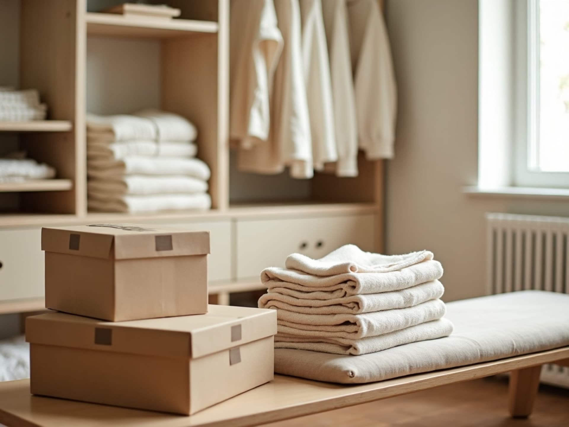 Folded linens and labeled boxes, placed into a finished closet