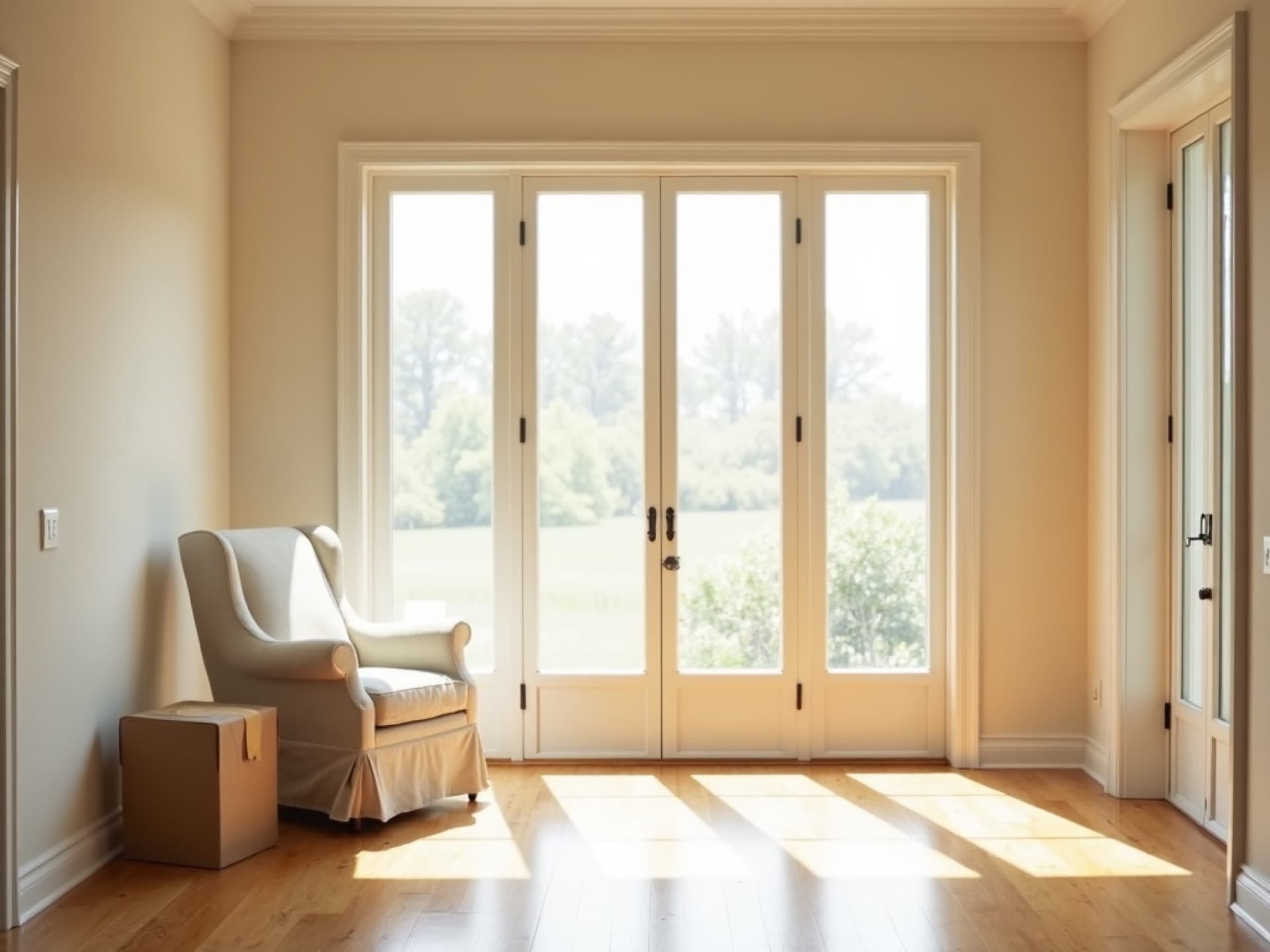 A sunlit room with a single armchair and a packed box, ready for moving day