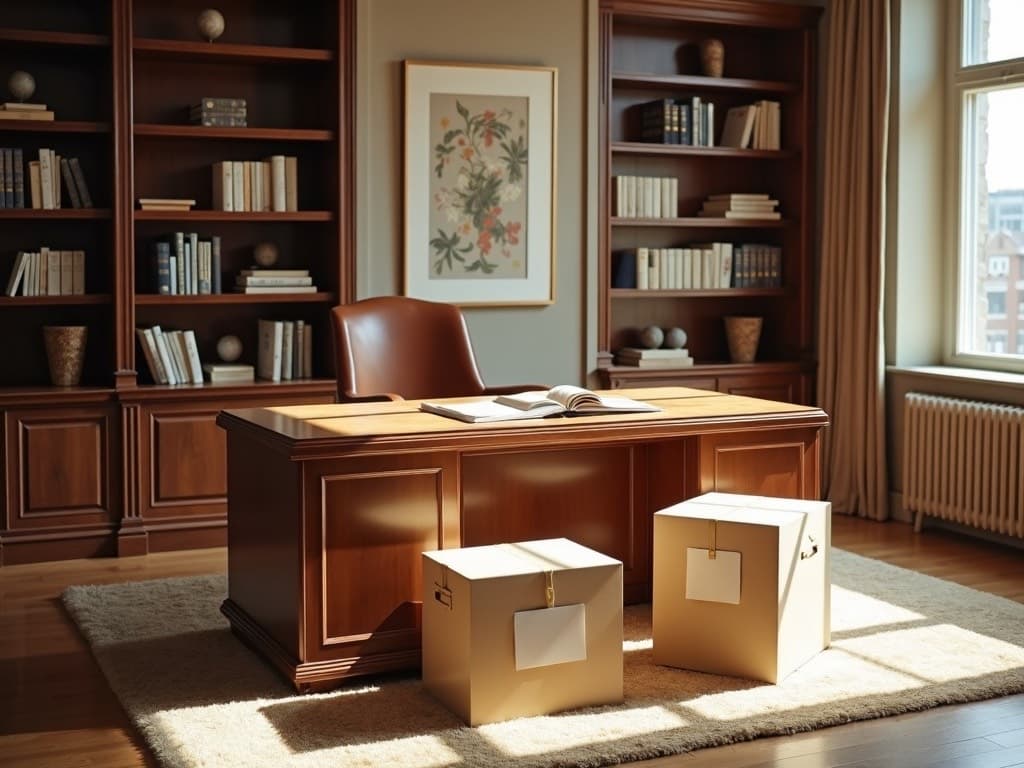 A wood-paneled executive office with packed boxes, prepared for a commercial move