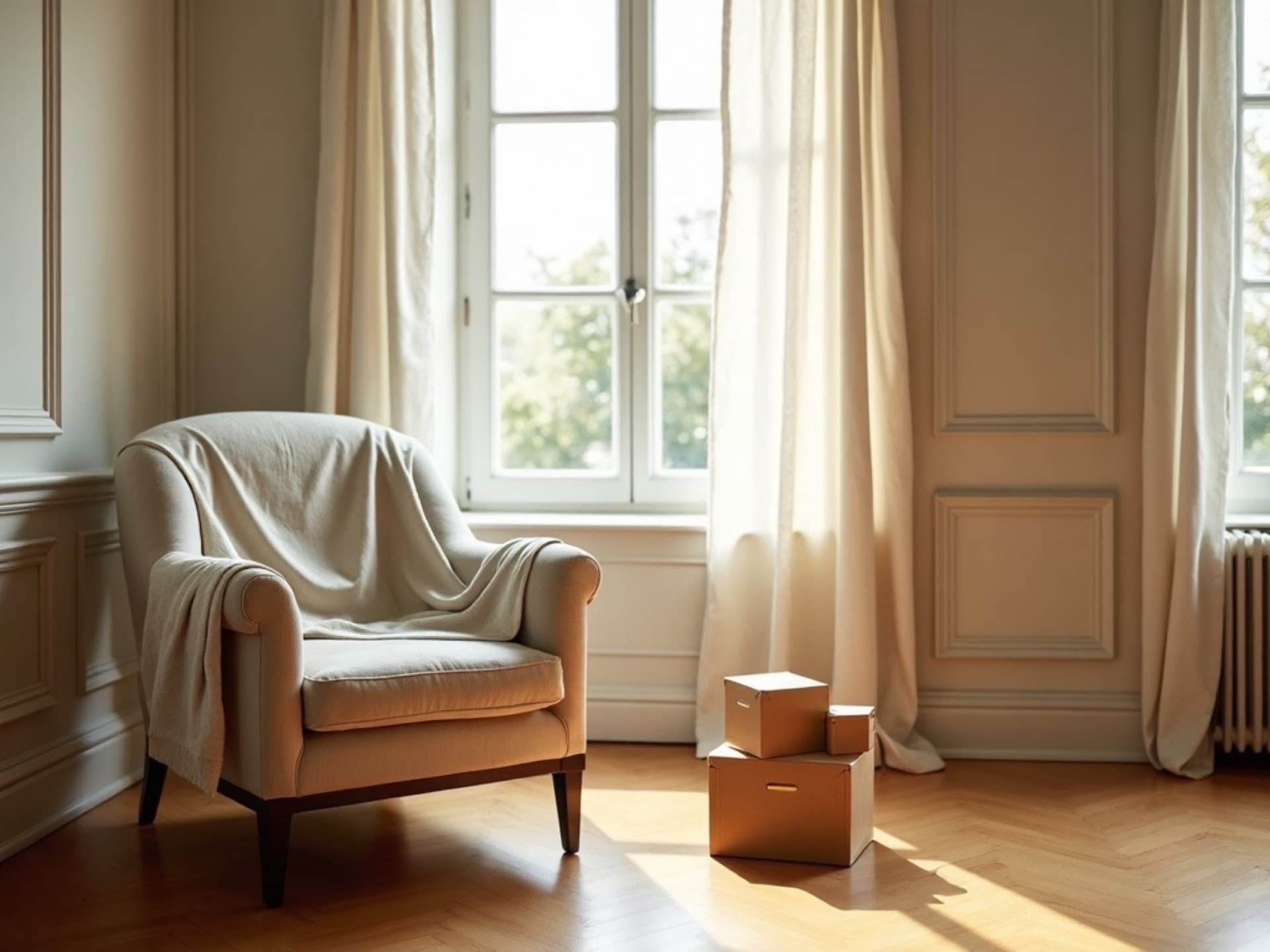 Soft morning light on a slipcovered armchair and packed boxes, mid-move