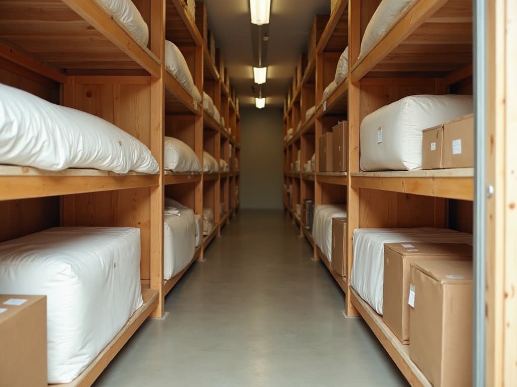 Climate-controlled racking, every piece wrapped, labeled, and shelved